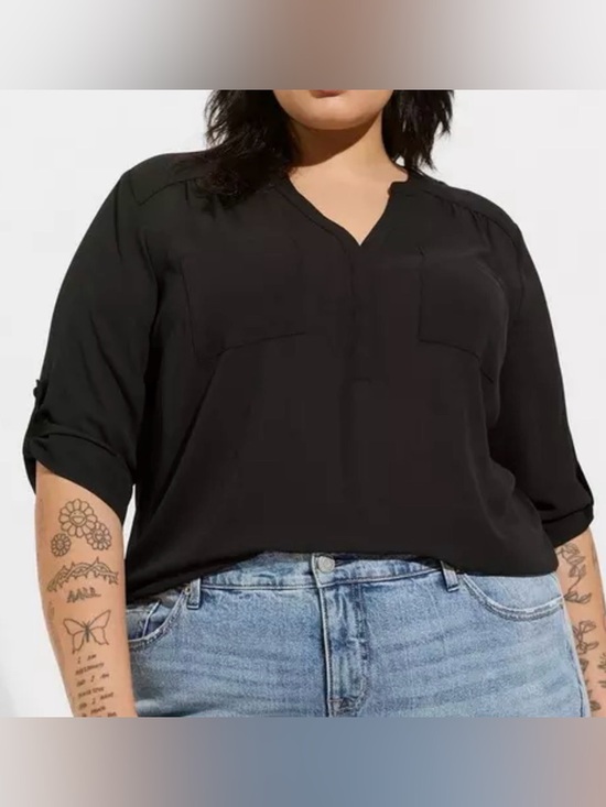 torrid Tops - Torrid Black Split-Neck Roll-Sleeve Semi-Sheer Blouse Size 3 (3X)